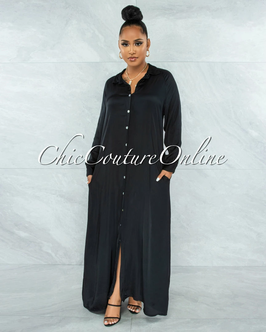 Vendor-unknown JUST IN Gazali Black Front Buttons Shirt Maxi Duster Dress