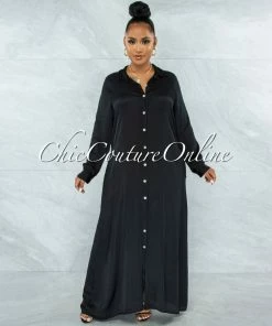 Vendor-unknown JUST IN Gazali Black Front Buttons Shirt Maxi Duster Dress