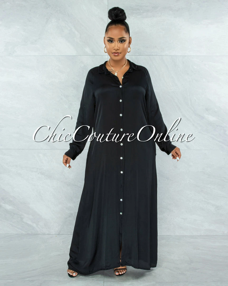 Vendor-unknown JUST IN Gazali Black Front Buttons Shirt Maxi Duster Dress