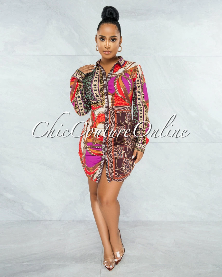 Vendor-unknown JUST IN IndyMarie Brown Multi-Color Print Buttons Drape Shirt Dress