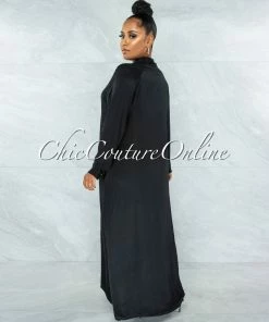 Vendor-unknown JUST IN Gazali Black Front Buttons Shirt Maxi Duster Dress