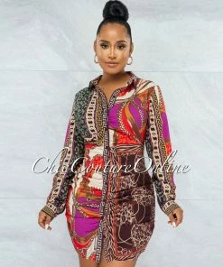 Vendor-unknown JUST IN IndyMarie Brown Multi-Color Print Buttons Drape Shirt Dress