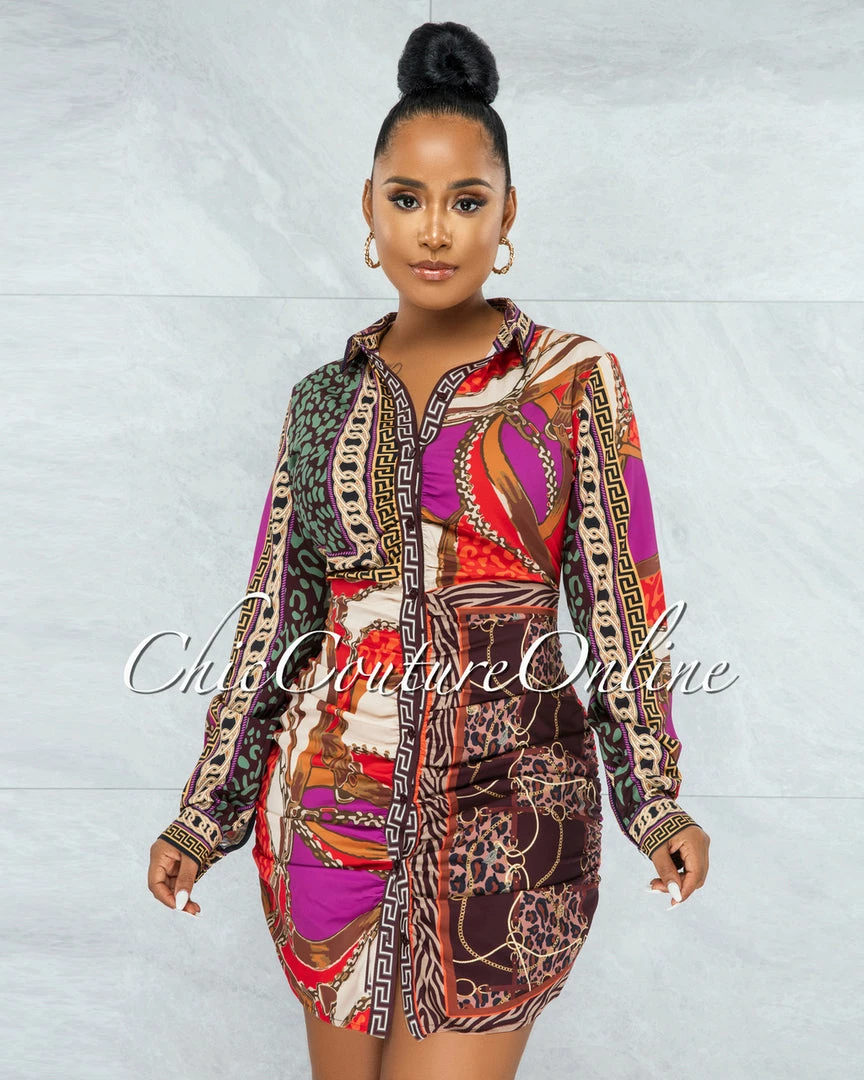 Vendor-unknown JUST IN IndyMarie Brown Multi-Color Print Buttons Drape Shirt Dress