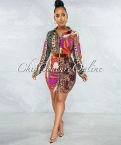 Vendor-unknown JUST IN IndyMarie Brown Multi-Color Print Buttons Drape Shirt Dress