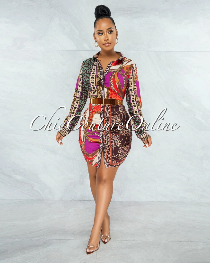 Vendor-unknown JUST IN IndyMarie Brown Multi-Color Print Buttons Drape Shirt Dress