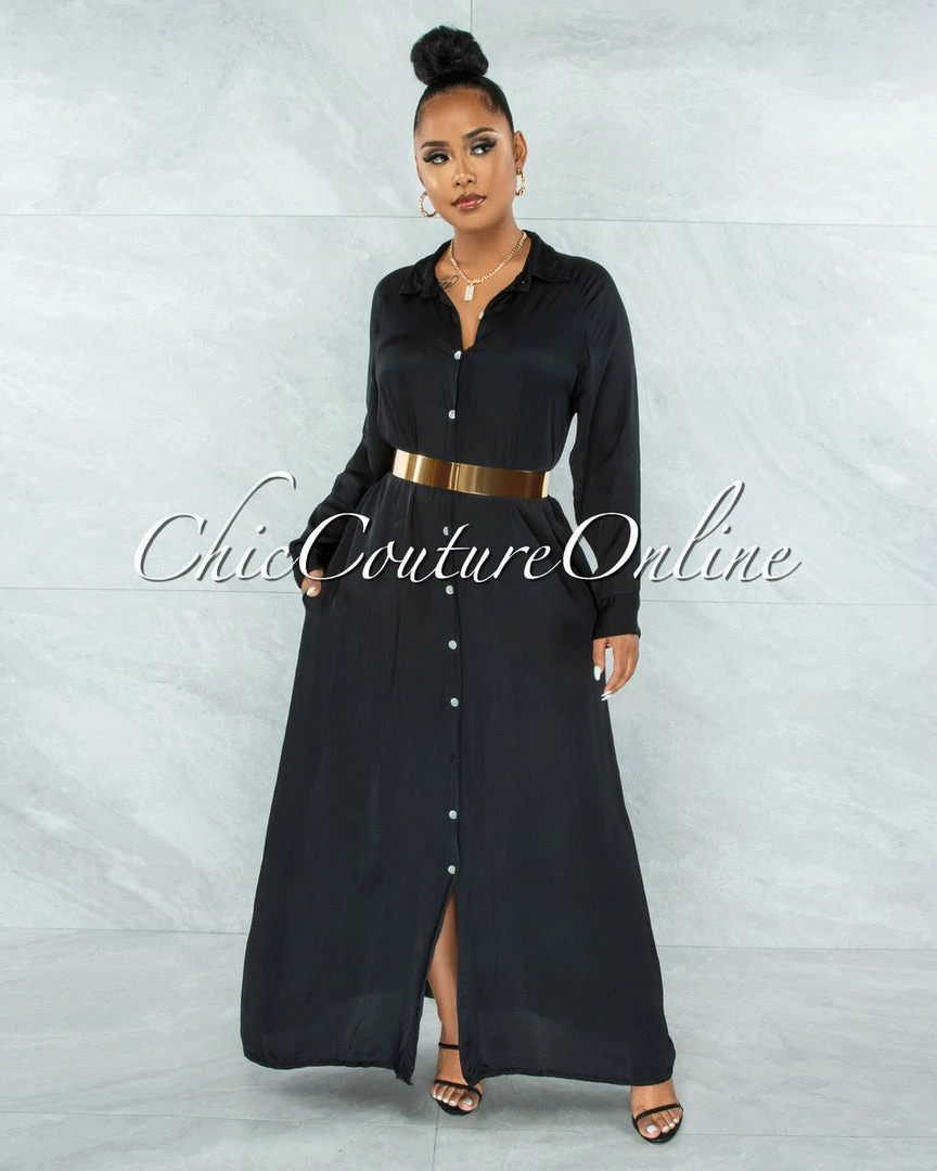 Vendor-unknown JUST IN Gazali Black Front Buttons Shirt Maxi Duster Dress