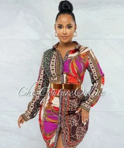 Vendor-unknown JUST IN IndyMarie Brown Multi-Color Print Buttons Drape Shirt Dress