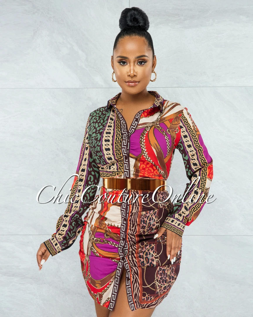 Vendor-unknown JUST IN IndyMarie Brown Multi-Color Print Buttons Drape Shirt Dress