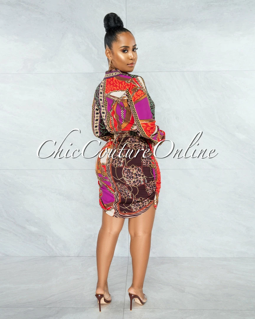 Vendor-unknown JUST IN IndyMarie Brown Multi-Color Print Buttons Drape Shirt Dress
