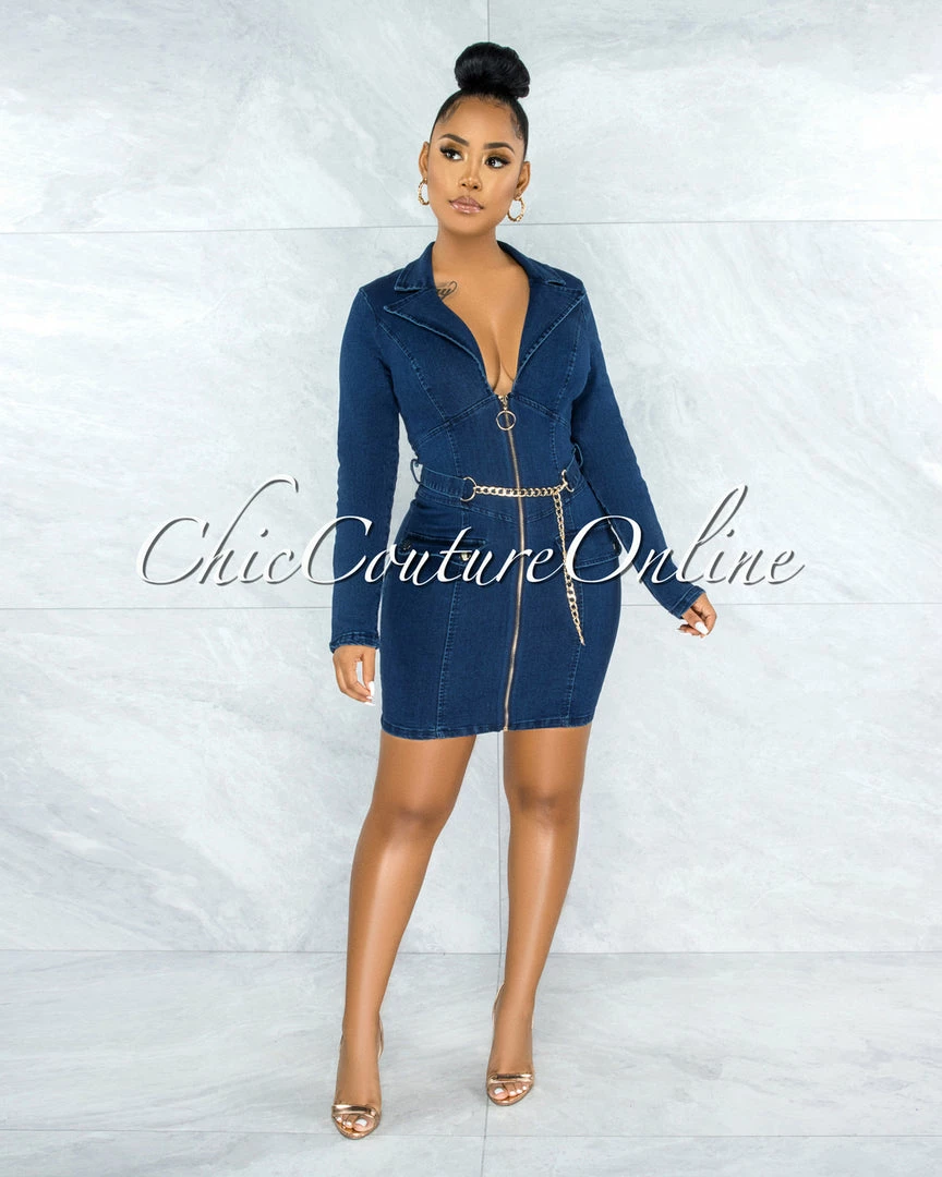 Chic Couture Online Caracas Dark Denim Double Breasted Gold Link Belt Dress JUST IN