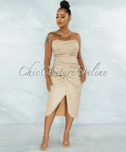 Vendor-unknown Dean Nude Faux Leather Draped Midi Dress JUST IN