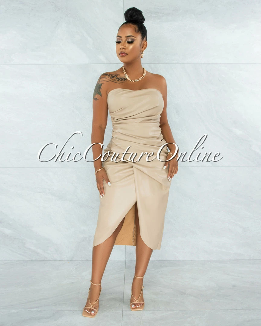 Vendor-unknown Dean Nude Faux Leather Draped Midi Dress JUST IN