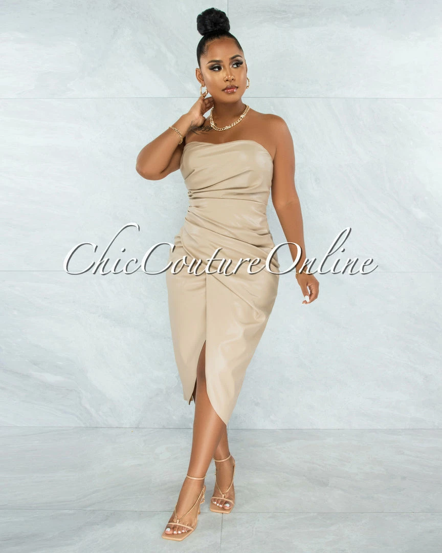 Vendor-unknown Dean Nude Faux Leather Draped Midi Dress JUST IN