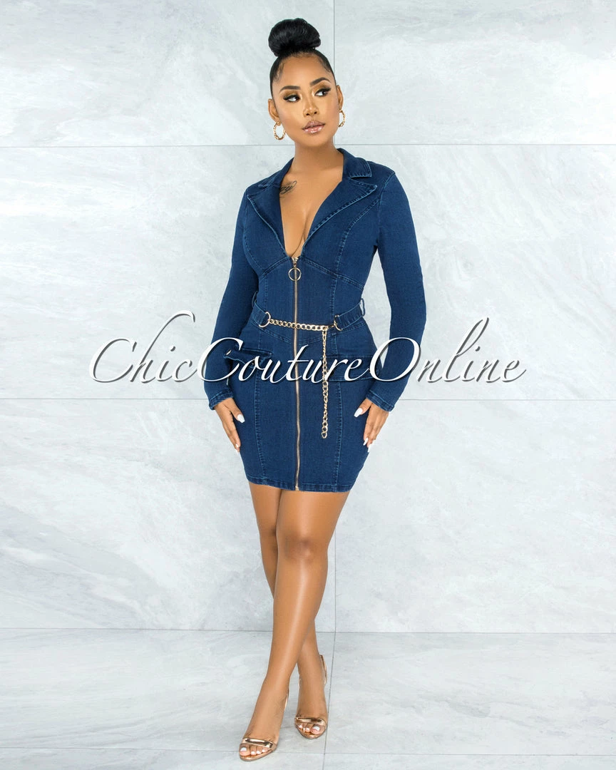 Chic Couture Online Caracas Dark Denim Double Breasted Gold Link Belt Dress JUST IN