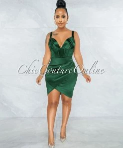 Vendor-unknown JUST IN Diego Hunter Green Corset Style Satin Dress