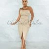 Vendor-unknown Dean Nude Faux Leather Draped Midi Dress JUST IN