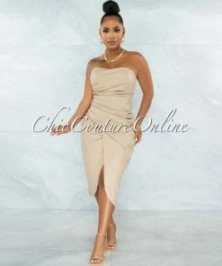 Vendor-unknown Dean Nude Faux Leather Draped Midi Dress JUST IN