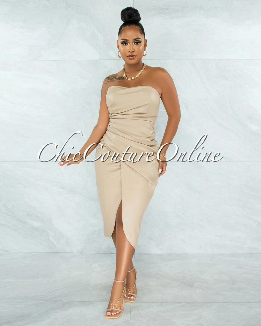 Vendor-unknown Dean Nude Faux Leather Draped Midi Dress JUST IN