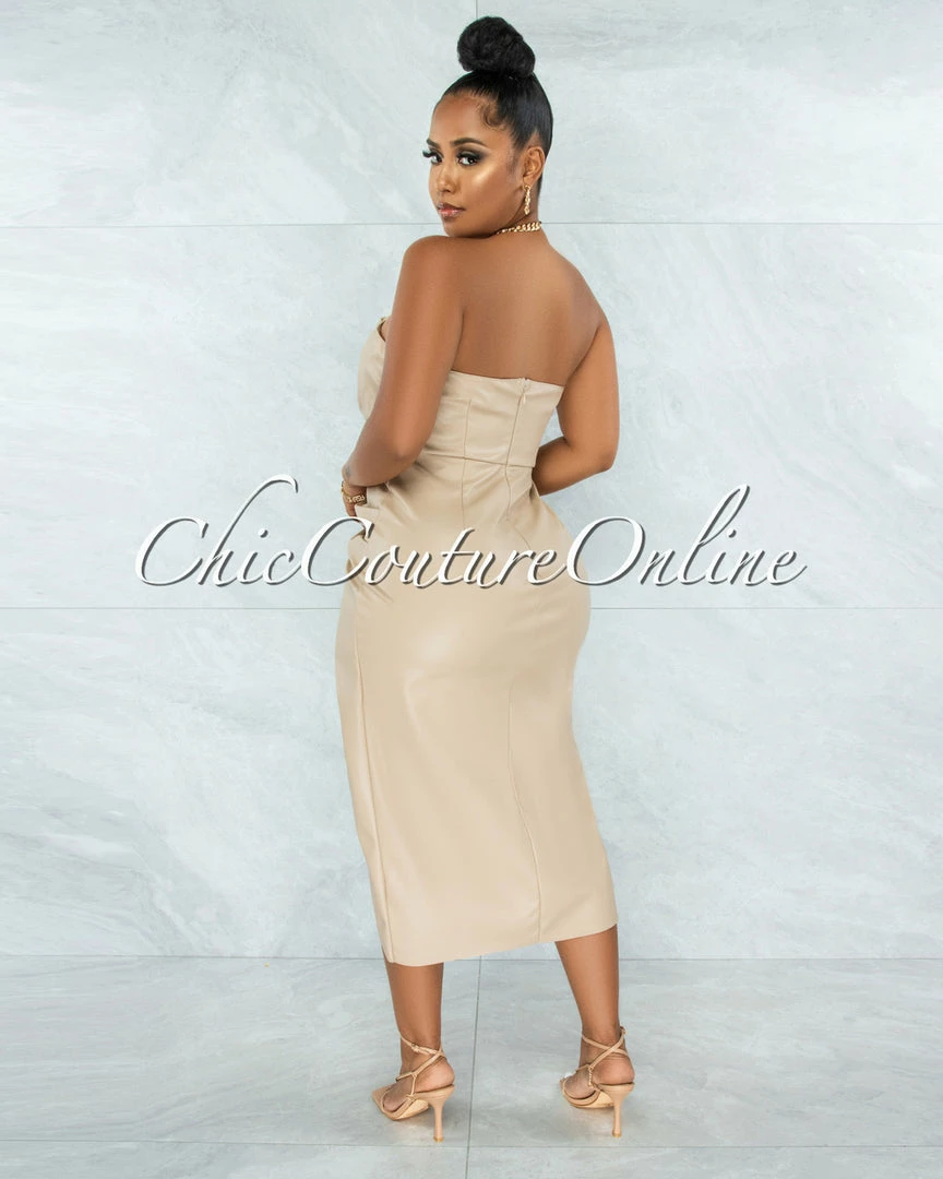 Vendor-unknown Dean Nude Faux Leather Draped Midi Dress JUST IN