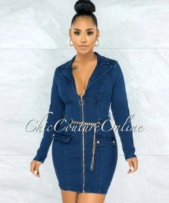 Chic Couture Online Caracas Dark Denim Double Breasted Gold Link Belt Dress JUST IN