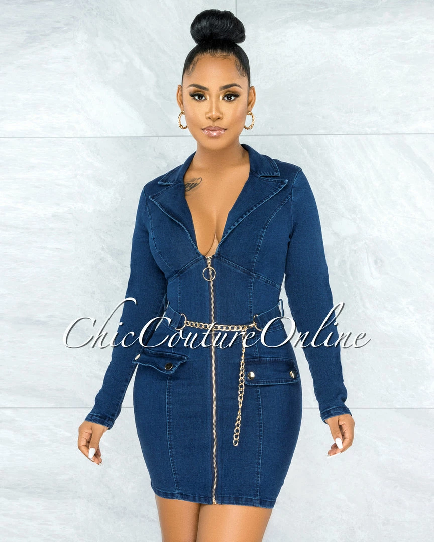 Chic Couture Online Caracas Dark Denim Double Breasted Gold Link Belt Dress JUST IN