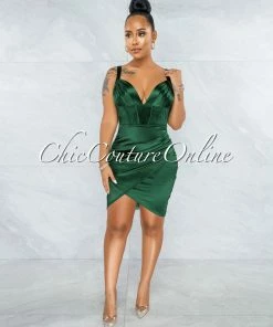 Vendor-unknown JUST IN Diego Hunter Green Corset Style Satin Dress