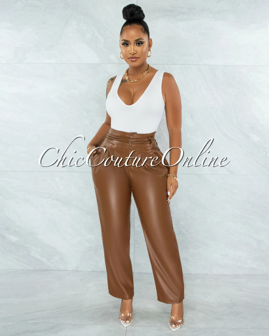 Vendor-unknown Estella Brown Faux Leather High Waist Pants