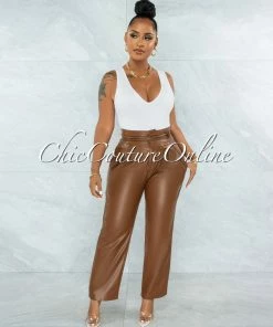 Vendor-unknown Estella Brown Faux Leather High Waist Pants