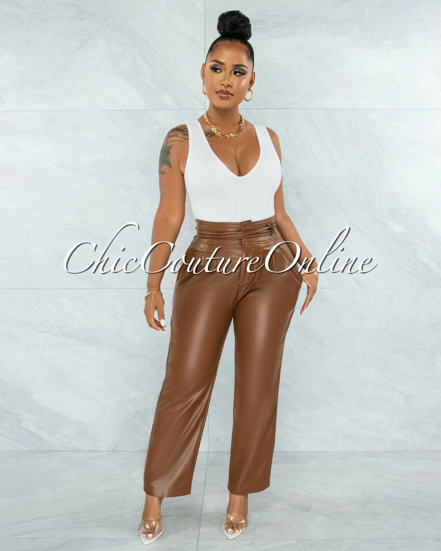 Vendor-unknown Estella Brown Faux Leather High Waist Pants