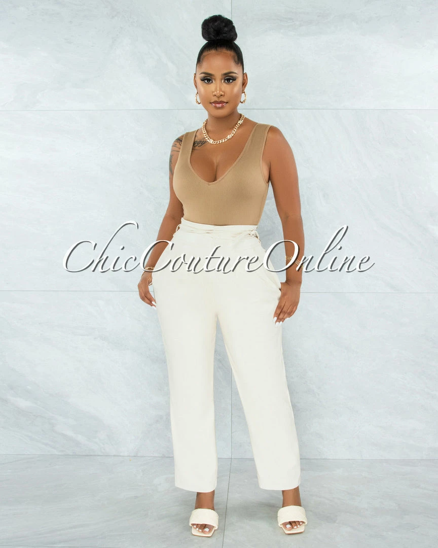 Vendor-unknown Estella Cream Faux Leather High Waist Pants JUST IN
