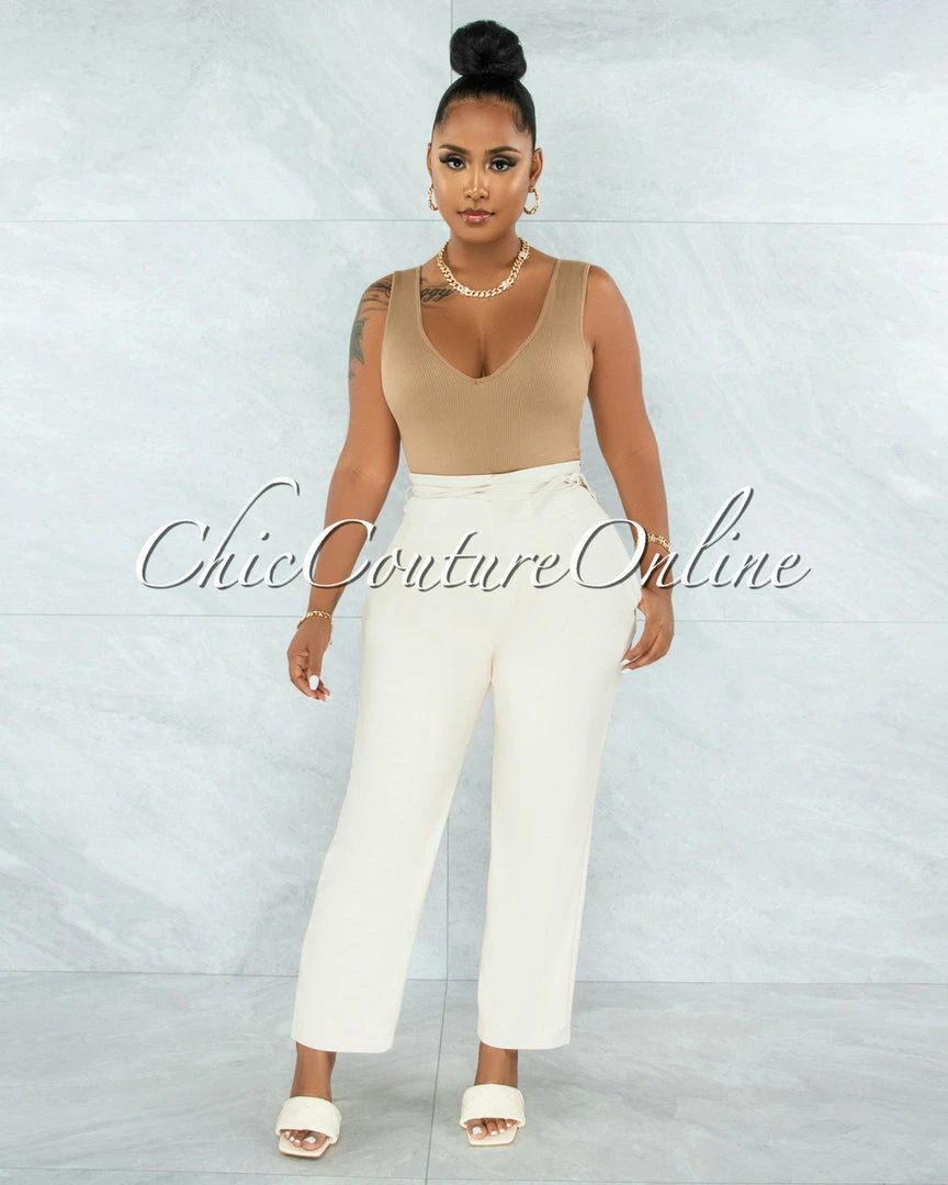 Vendor-unknown Estella Cream Faux Leather High Waist Pants JUST IN
