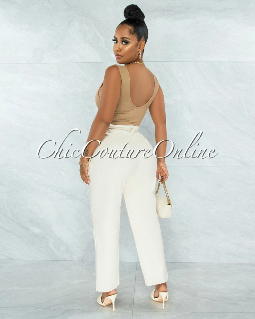Vendor-unknown Estella Cream Faux Leather High Waist Pants JUST IN