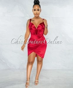 Vendor-unknown Diego Red Corset Style Satin Dress JUST IN