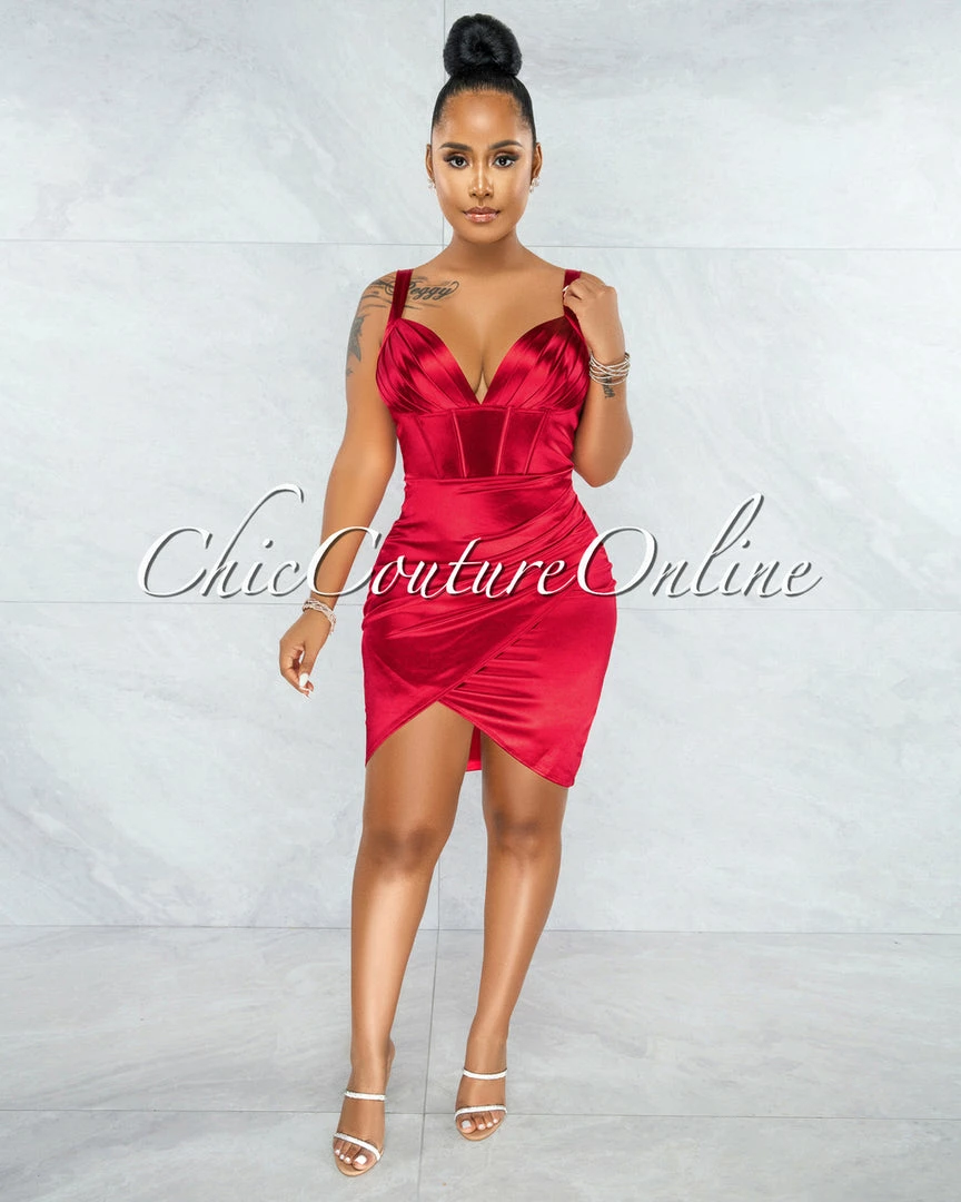 Vendor-unknown Diego Red Corset Style Satin Dress JUST IN