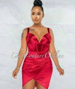 Vendor-unknown Diego Red Corset Style Satin Dress JUST IN