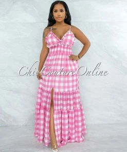 Vendor-unknown Canby Pink White Gingham Print Ruffle Maxi Dress