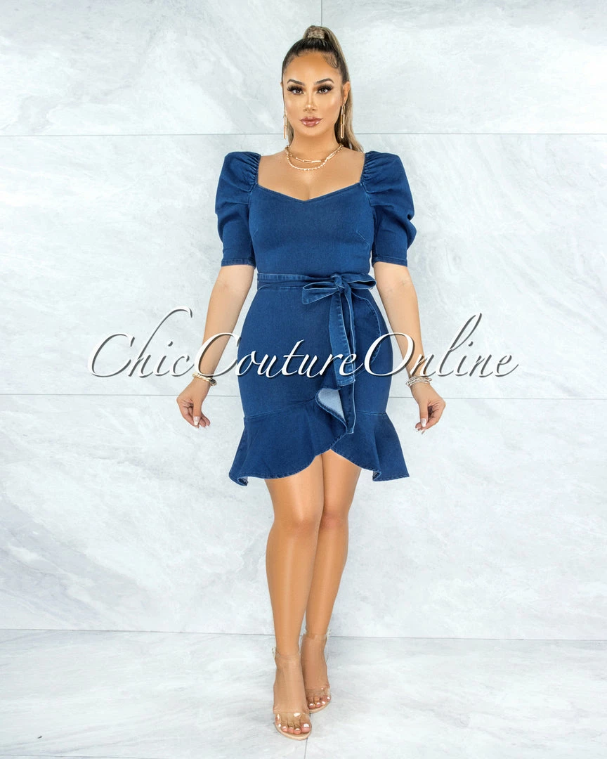 Vendor-unknown JUST IN Molan Dark Denim Bubble Sleeves Ruffle Dress