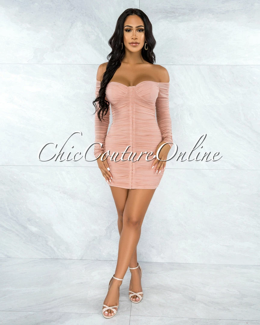 Chic Couture Online JUST IN Filomena Blush Padded Cups Ruched Front Hooks Dress