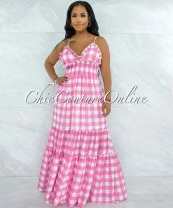 Vendor-unknown Canby Pink White Gingham Print Ruffle Maxi Dress