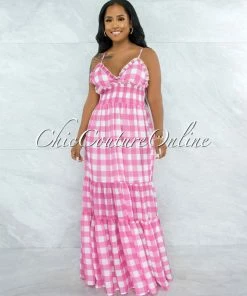 Vendor-unknown Canby Pink White Gingham Print Ruffle Maxi Dress