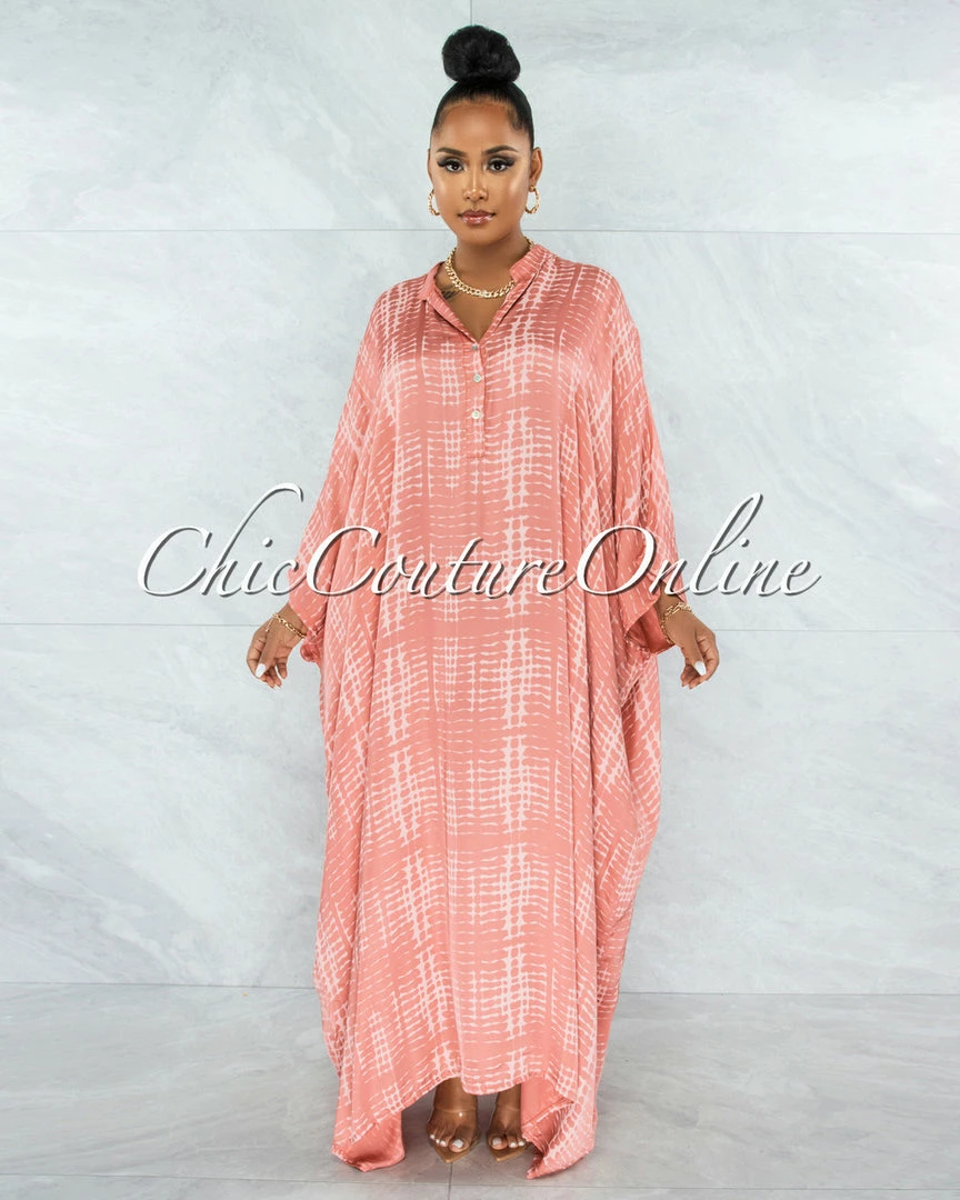 Vendor-unknown JUST IN Harford Salmon Snake Print Satin Tunic Maxi Dress