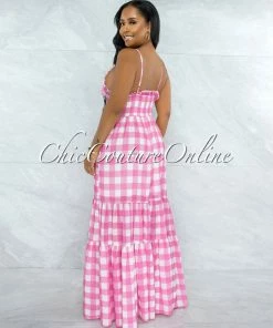 Vendor-unknown Canby Pink White Gingham Print Ruffle Maxi Dress