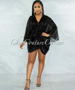 Vendor-unknown Duarte Black Sequins Drape Kimono Dress JUST IN