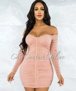 Chic Couture Online JUST IN Filomena Blush Padded Cups Ruched Front Hooks Dress