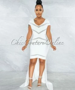 Vendor-unknown JUST IN Martinez Off-White Mesh Stripes Bandage Hi Lo Dress