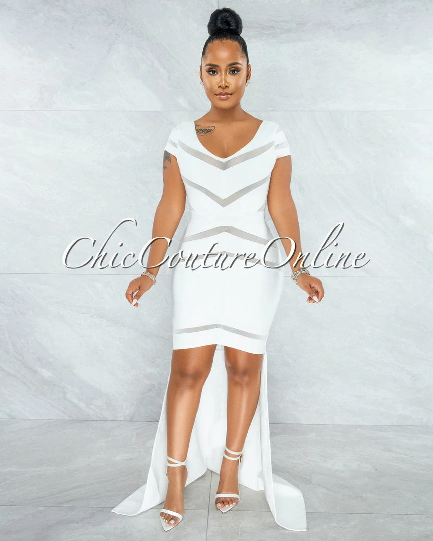 Vendor-unknown JUST IN Martinez Off-White Mesh Stripes Bandage Hi Lo Dress