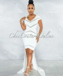 Vendor-unknown JUST IN Martinez Off-White Mesh Stripes Bandage Hi Lo Dress