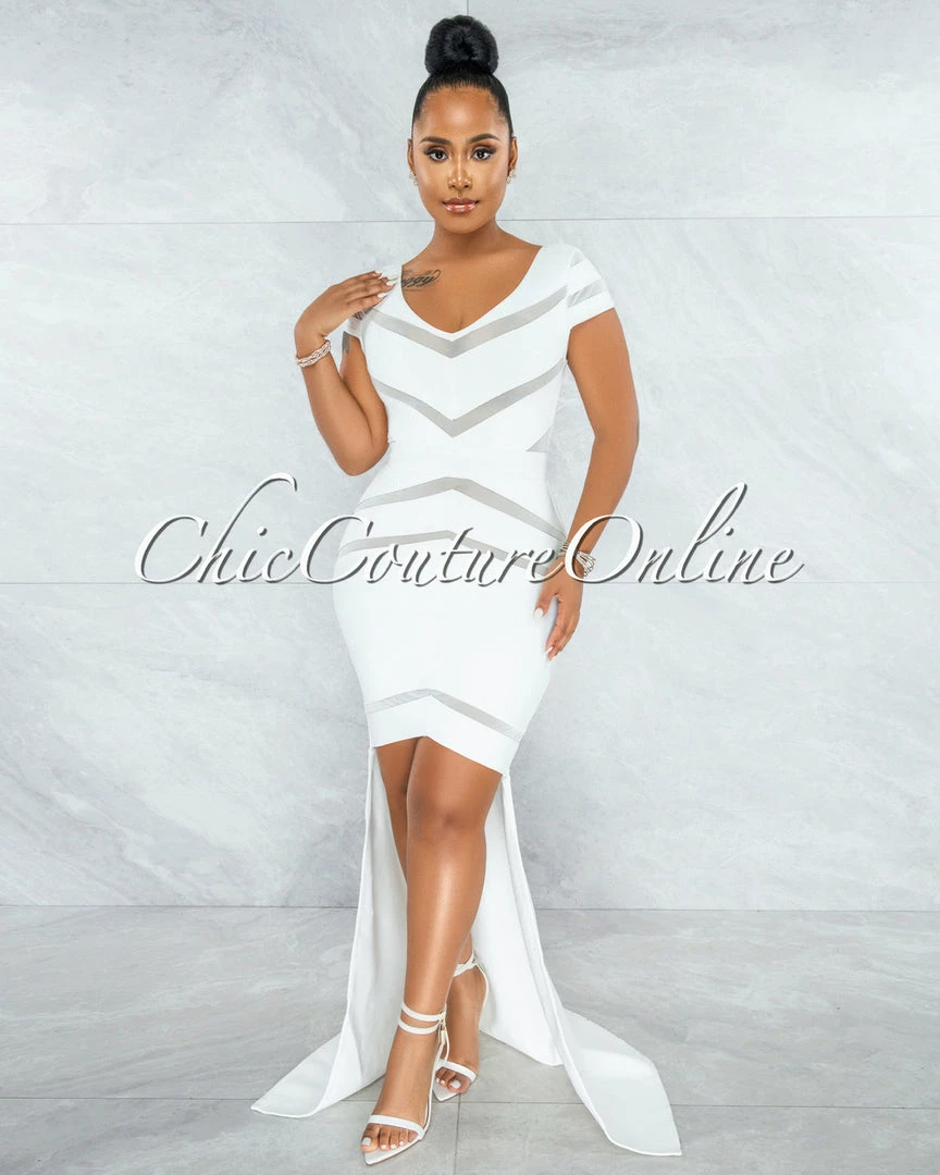 Vendor-unknown JUST IN Martinez Off-White Mesh Stripes Bandage Hi Lo Dress