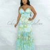 Chic Couture Online Fishel Blue Green Yellow Print Ruffle Maxi Dress JUST IN