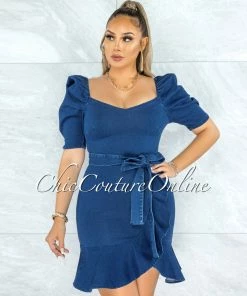 Vendor-unknown JUST IN Molan Dark Denim Bubble Sleeves Ruffle Dress